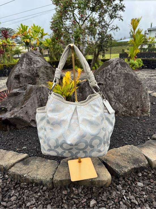 Coach Handbags - Coach 2008 Signature Lurex Metallic Canvas Shoulder Tote Bag White Silver 13508
